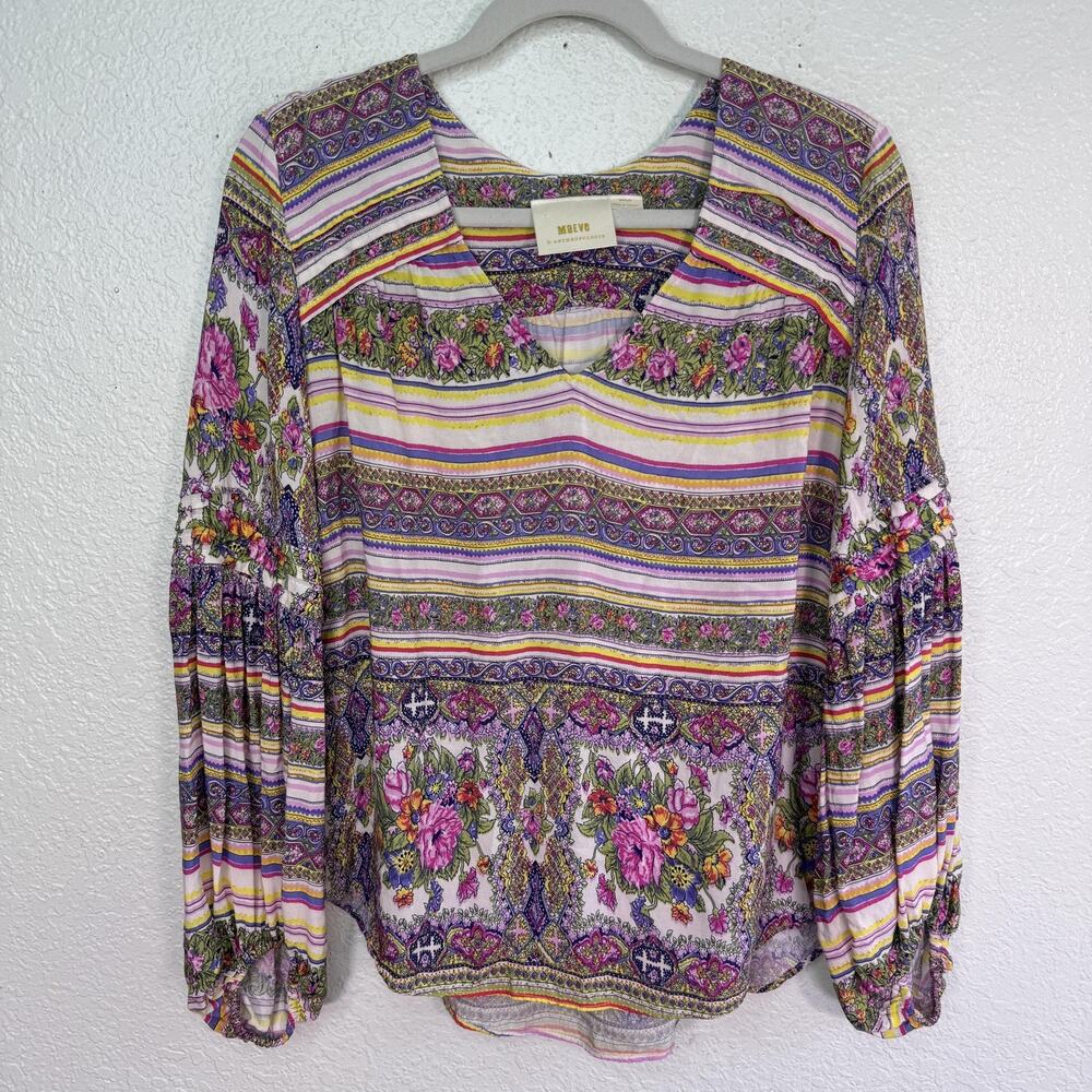 Maeve By Anthropologie Top Womens Medium Ceresco Peasant Floral Stripe Boho